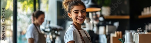 Young teenagers working their first summer jobs in local cafe and retail stores, dedicated adolescent workers gaining valuable experience while serving customers and learning responsibility