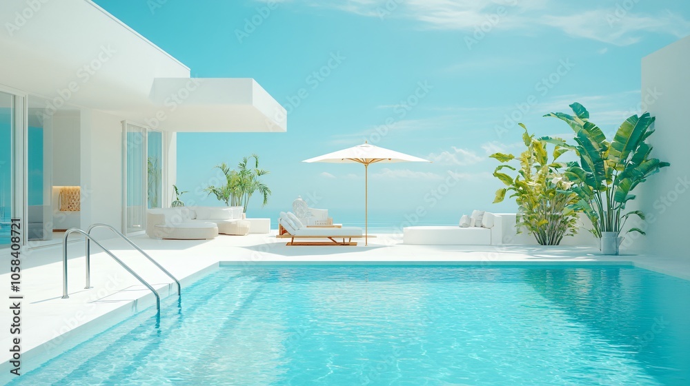 Fototapeta premium Relaxing at a Private Pool by the Beach in a Luxurious Hotel or Vacation Home, Perfect for a Calm and Rejuvenating Getaway