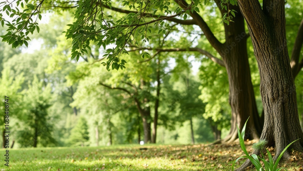 Lush green park with tall trees and sunlight filtering through leaves. Peaceful natural landscape Lush green park with tall trees and sunlight filtering through leaves. Peaceful natural landscape