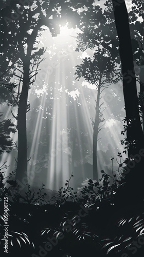A forest clearing with sunbeams. silhouette illustration