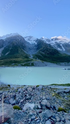 Beautiful landscape views of Majestic Mount Cook over Hooker Lake. Lake in the mountains