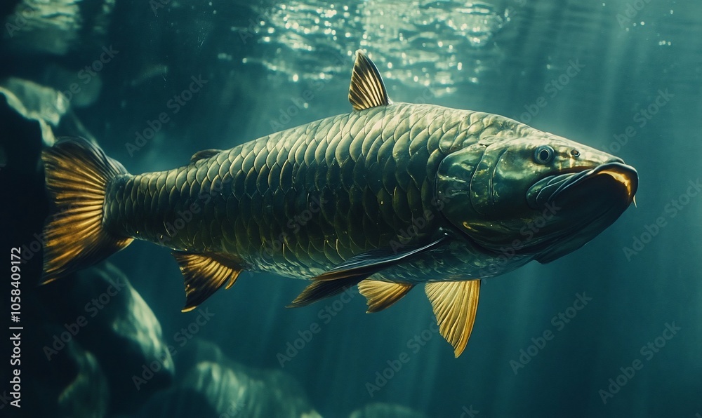 A large, golden-colored fish swims through the water, illuminated by a beam of sunlight. A large, golden-colored fish swims through the water, illuminated by a beam of sunlight.