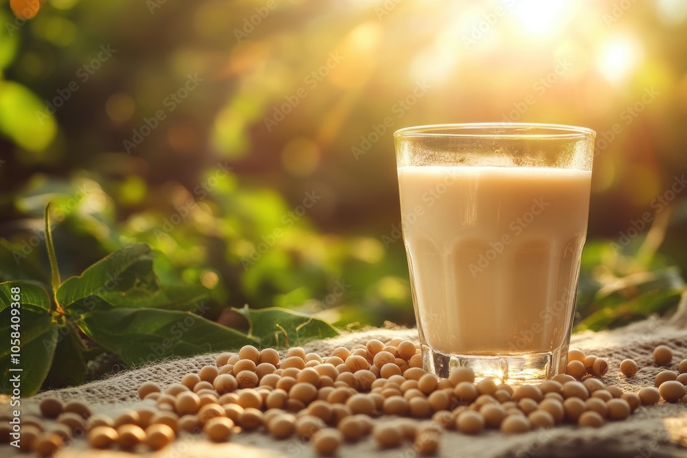 A glass of fresh soy milk sits on a table surrounded by scattered soybeans A glass of fresh soy milk sits on a table surrounded by scattered soybeans