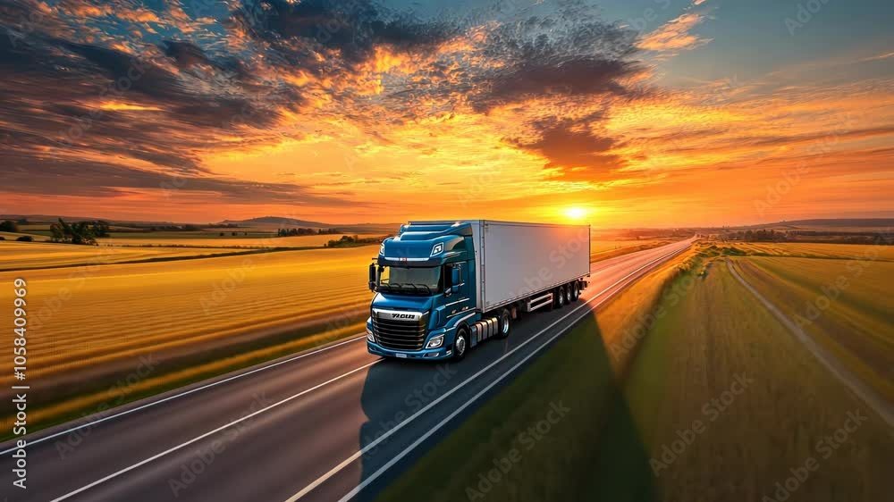 A blue truck driving on a scenic road during sunset, surrounded by golden fields. A blue truck driving on a scenic road during sunset, surrounded by golden fields.
