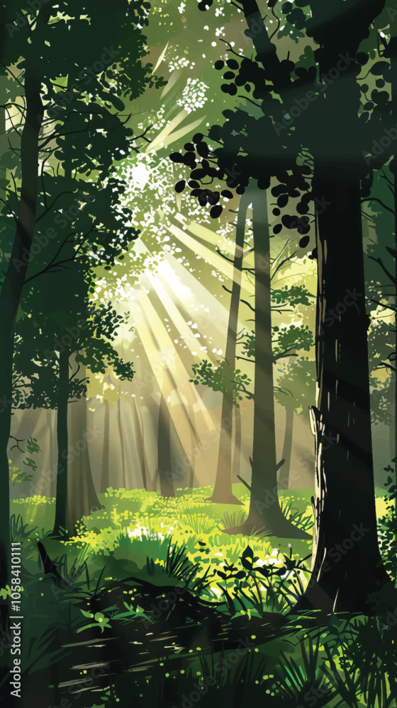 A forest clearing with sunbeams. silhouette illustration