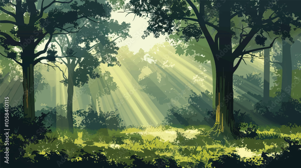 A forest clearing with sunbeams. silhouette illustration