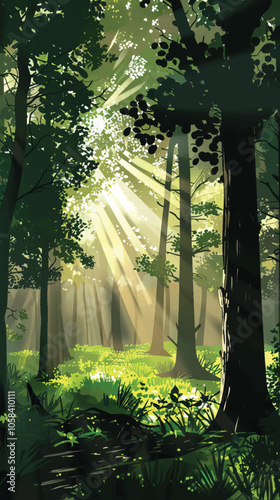 A forest clearing with sunbeams. silhouette illustration