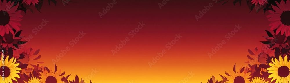 Naklejka premium A vibrant sunset background framed by sunflowers, ideal for invitations or decorative use.