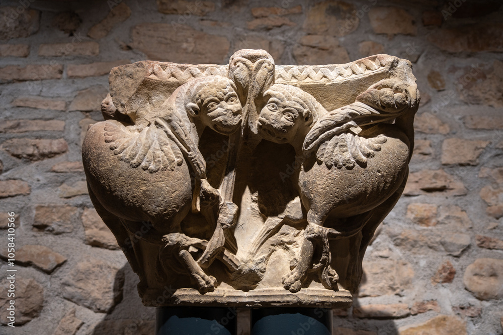 Obraz premium Old Monastery of San Juan de la Peña, Romanesque art and the first royal pantheon in Aragon in Huesca, Spain