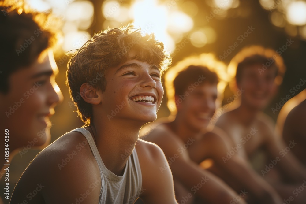 A group of teenage boys sitting together outdoors, laughing and enjoying a summer