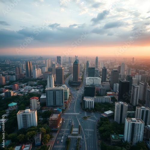 Sunset aerial shot of brisbane in jacaranda season aerial city Ultra realistic Photorealistic 