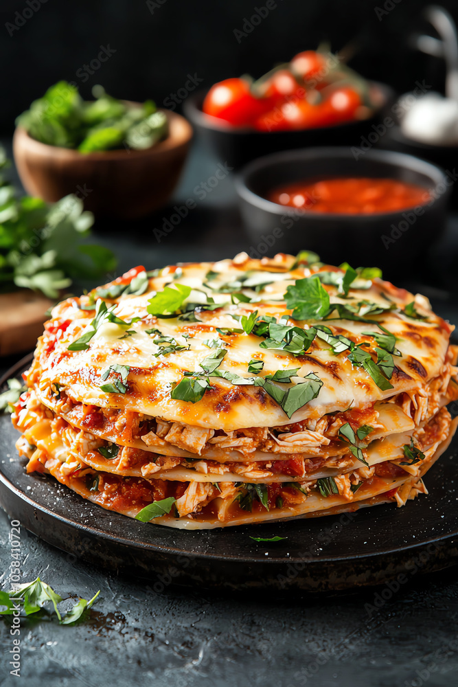 Delicious lasagna with shredded chicken marinara and creamy ricotta topped with fresh herbs Delicious lasagna with shredded chicken marinara and creamy ricotta topped with fresh herbs