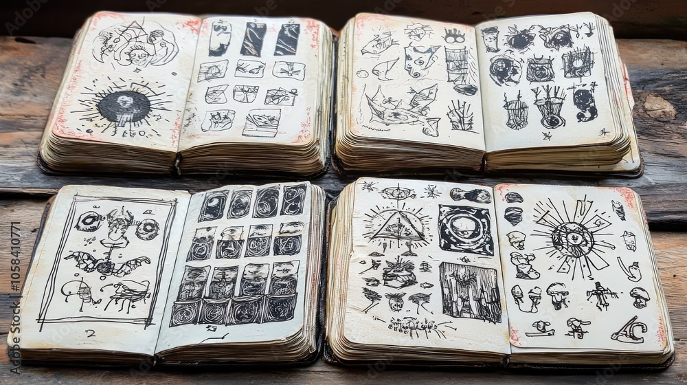 Obraz premium Hand drawn sketchbooks filled with occult symbols and mysterious illustrations