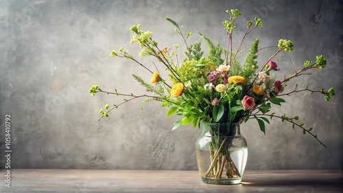 Wallpaper Mural Sprint flowers in a vase with lush greenery and decorative twigs against a neutral gray background, nature-inspired decor, spring flower arrangements Torontodigital.ca
