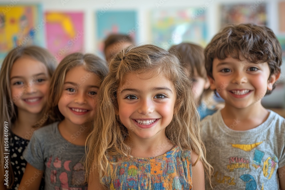 A group of young children standing close together, smiling brightly in a classroom setting A group of young children standing close together, smiling brightly in a classroom setting
