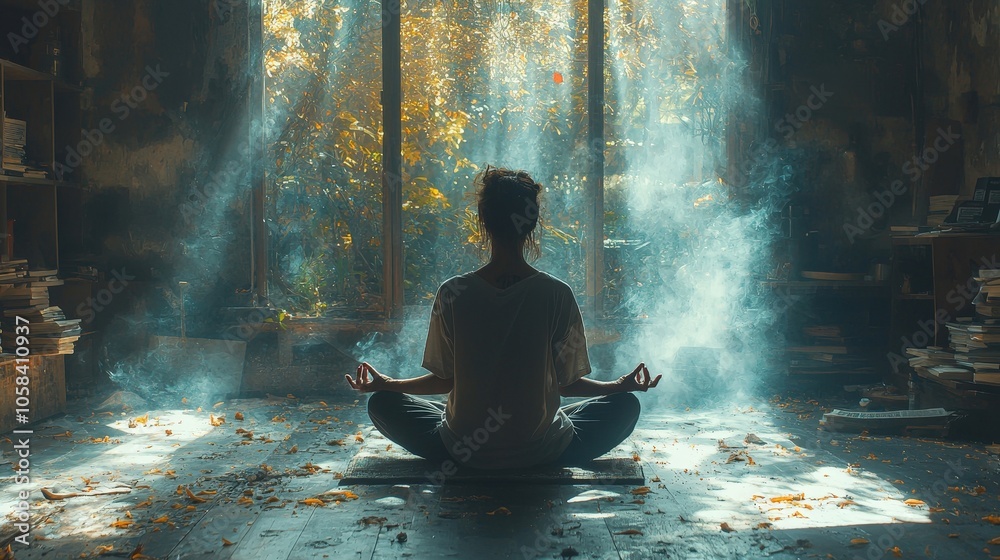 In a serene indoor setting, an individual sits cross-legged on the floor, practicing meditation as soft sunlight filters through the window, illuminating the space and creating a peaceful atmosphere In a serene indoor setting, an individual sits cross-legged on the floor, practicing meditation as soft sunlight filters through the window, illuminating the space and creating a peaceful atmosphere