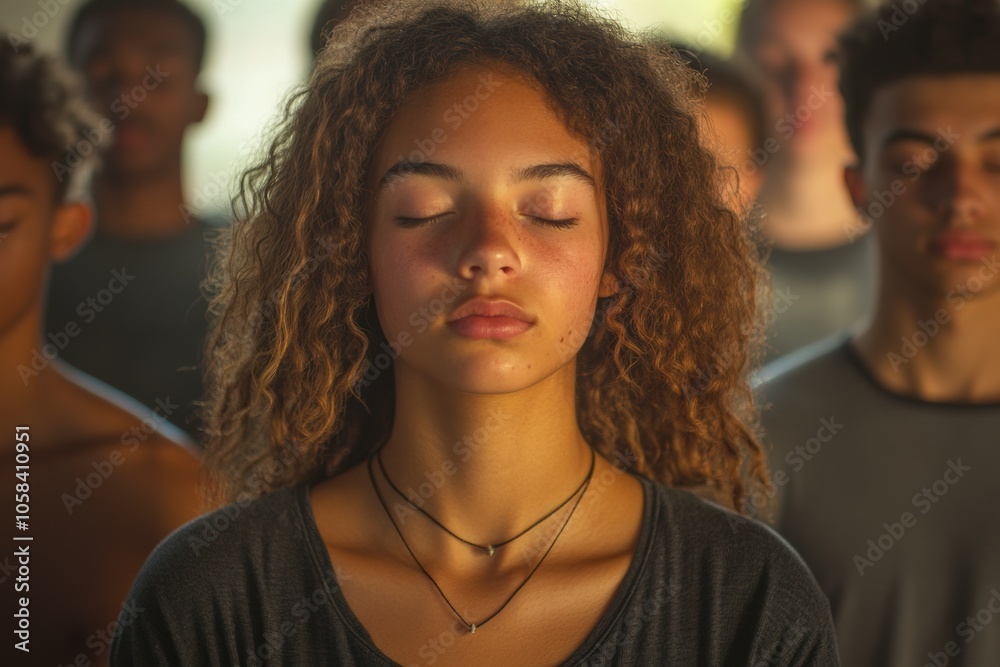A group of young people standing in quiet reflection, eyes closed, inside a softly lit room A group of young people standing in quiet reflection, eyes closed, inside a softly lit room