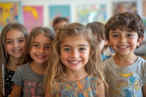 A group of young children standing close together, smiling brightly in a classroom setting