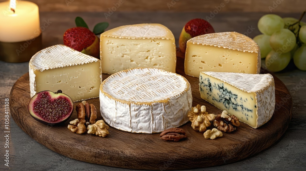Assorted gourmet cheeses arranged on a wooden platter with fruits and nuts. Assorted gourmet cheeses arranged on a wooden platter with fruits and nuts.