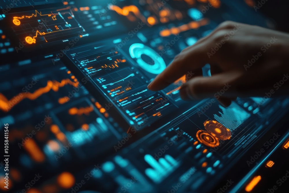 A hand pointing at an interactive digital display filled with graphs, charts, and data points