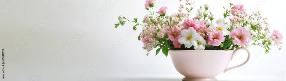 A delicate arrangement of pink and white flowers in a pastel cup, enhancing a serene atmosphere. A delicate arrangement of pink and white flowers in a pastel cup, enhancing a serene atmosphere.