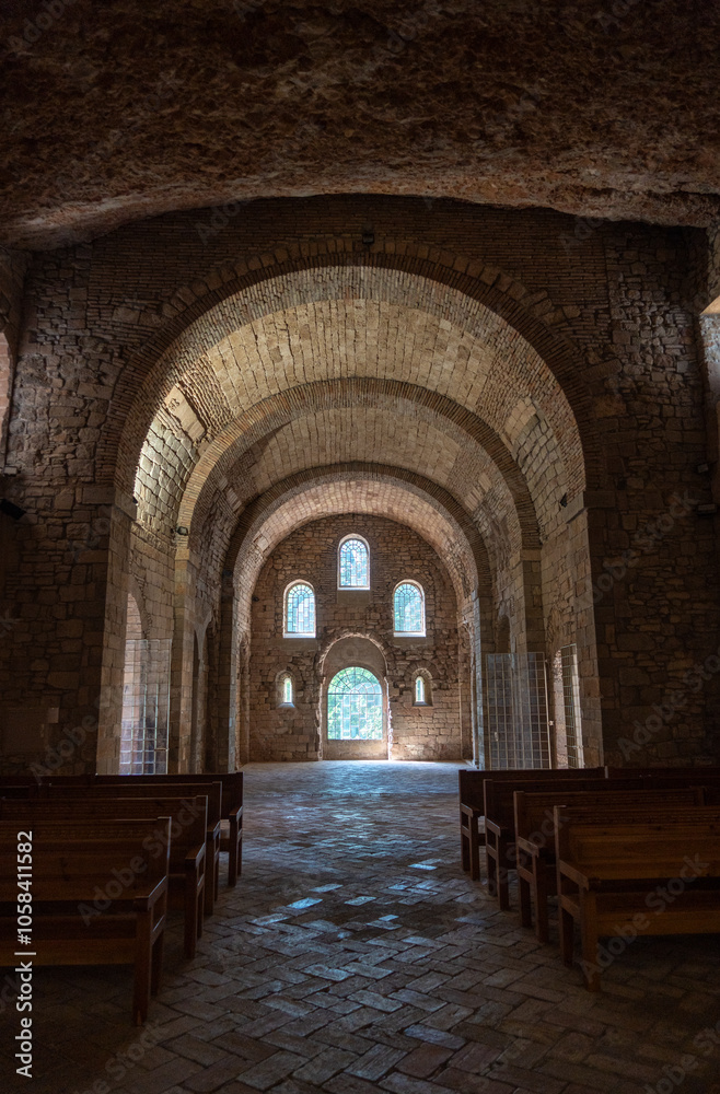 Obraz premium Old Monastery of San Juan de la Peña, Romanesque art and the first royal pantheon in Aragon in Huesca, Spain