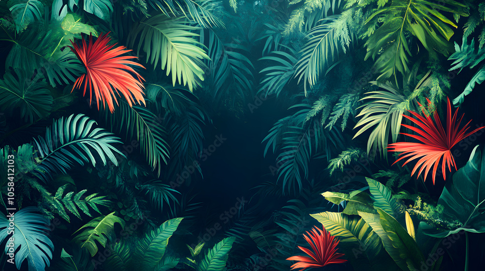 Fototapeta premium Wallpaper palm tropical forest vintage jungle pattern, tropical leaves greenery