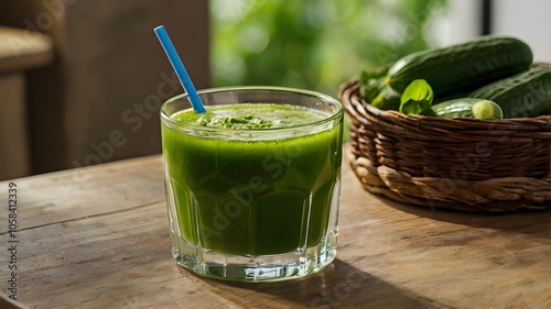 Refreshing green cucumber juice or smoothie glass with fresh cucumbers ingredients on wooden table, Healthy fresh summer nutritious beverage drink