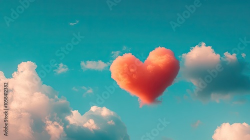 Red heart-shaped cloud against a blue sky embodies the concept of love and care, creating a serene backdrop for expressions of affection and tenderness. Ample copy space available.