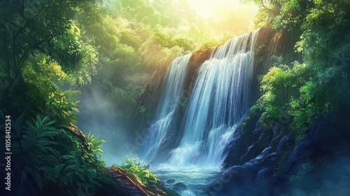 Captivating waterfall cascades through a vibrant rainforest, surrounded by lush green foliage, highlighting the natural beauty. Ideal for nature-inspired themes with ample copy space.