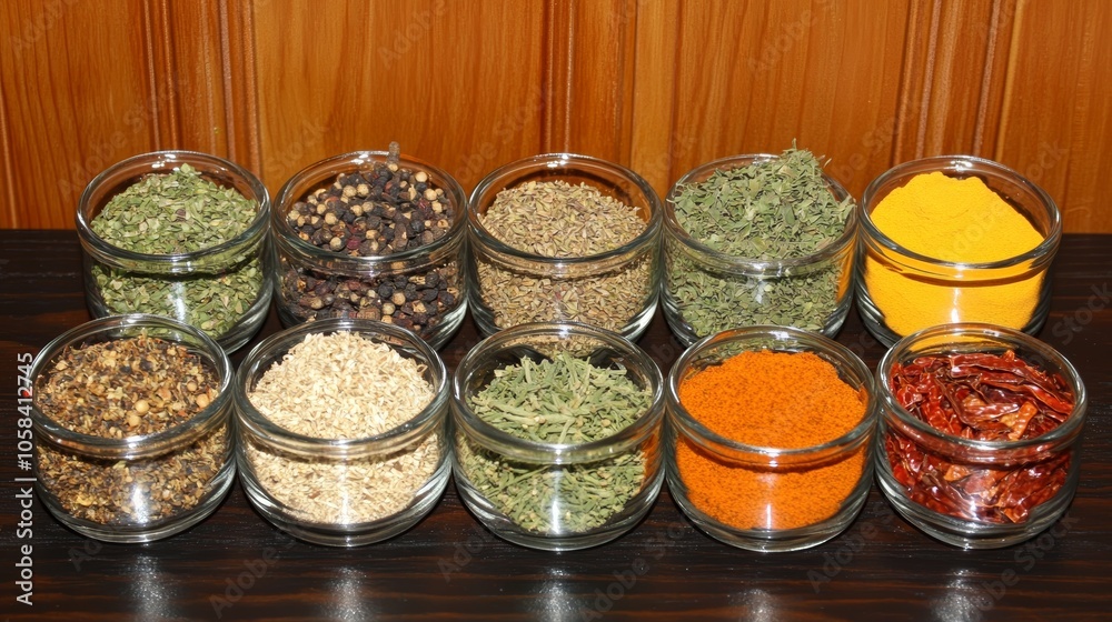 Aromatic spices and herbs on rustic table, enhance your culinary creations with flavor seasoning Aromatic spices and herbs on rustic table, enhance your culinary creations with flavor seasoning