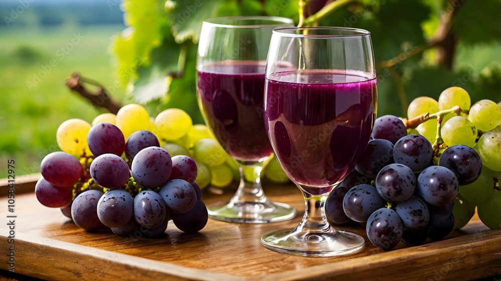 Refreshing fruit red & green grape Juice in Glass on wooden surface, healthy fresh natural beverage drink on sunny outdoor Refreshing fruit red & green grape Juice in Glass on wooden surface, healthy fresh natural beverage drink on sunny outdoor