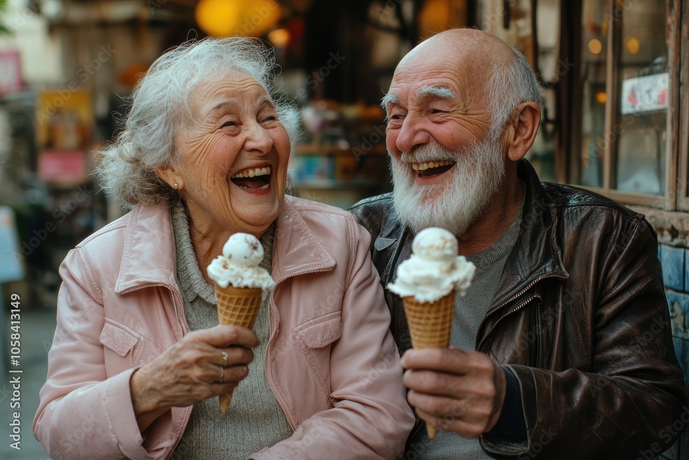 A joyful elderly couple is laughing and enjoying ice cream cones while walking in a lively outdoor A joyful elderly couple is laughing and enjoying ice cream cones while walking in a lively outdoor