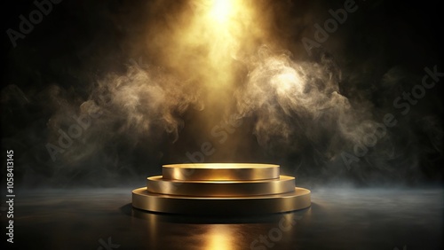gold podium on dark background with smoke empty pedestal for award ceremony