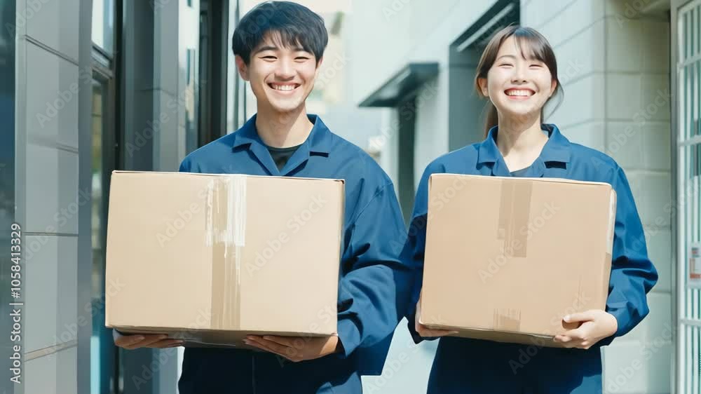 Goods deliver smiling while carrying cardboard boxes. Goods deliver smiling while carrying cardboard boxes.