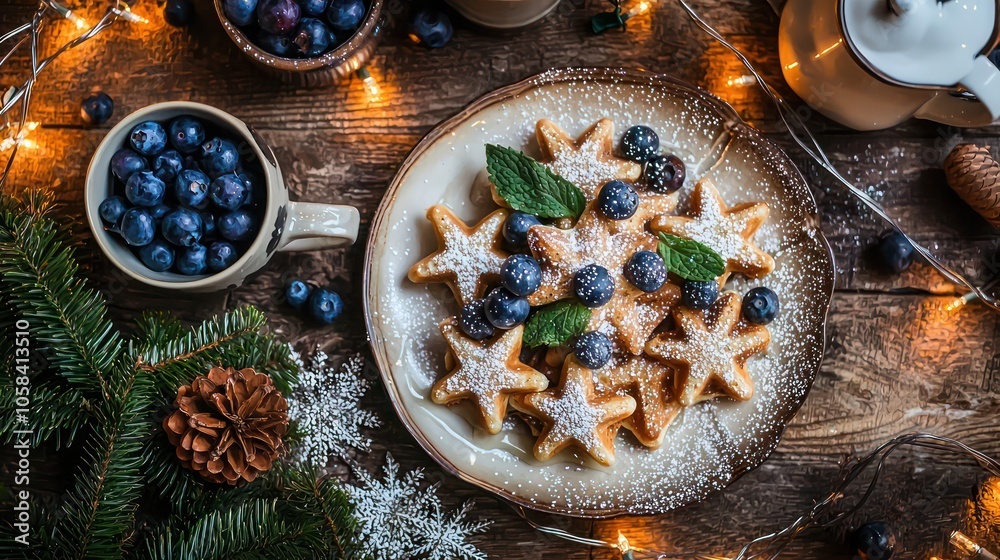 A holiday-themed breakfast table featuring star-shaped waffles, topped with fresh blueberries, powdered sugar, and mint leaves, with holiday mugs and twinkling lights creating a festive atmosphere. A holiday-themed breakfast table featuring star-shaped waffles, topped with fresh blueberries, powdered sugar, and mint leaves, with holiday mugs and twinkling lights creating a festive atmosphere.
