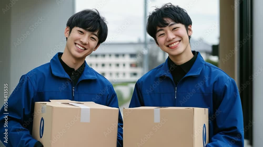 Goods deliver smiling while carrying cardboard boxes. Goods deliver smiling while carrying cardboard boxes.