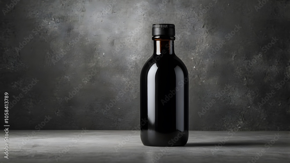 Black empty glass beverage bottle mockup on grey stone background, liquid container blank object. Elegance & simplicity for packaging, branding & minimalist design