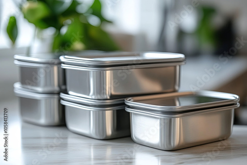 A set of stainless steel containers for storing leftovers, replacing single-use plastics photo