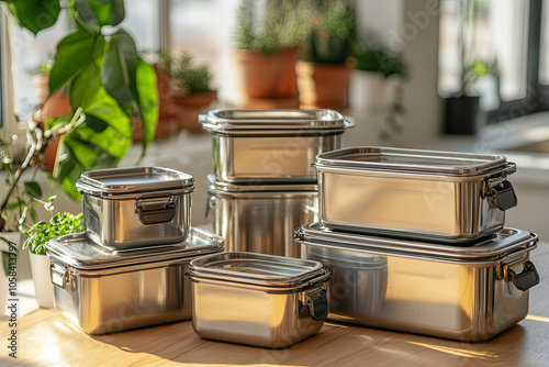 A set of stainless steel containers for storing leftovers, replacing single-use plastics photo