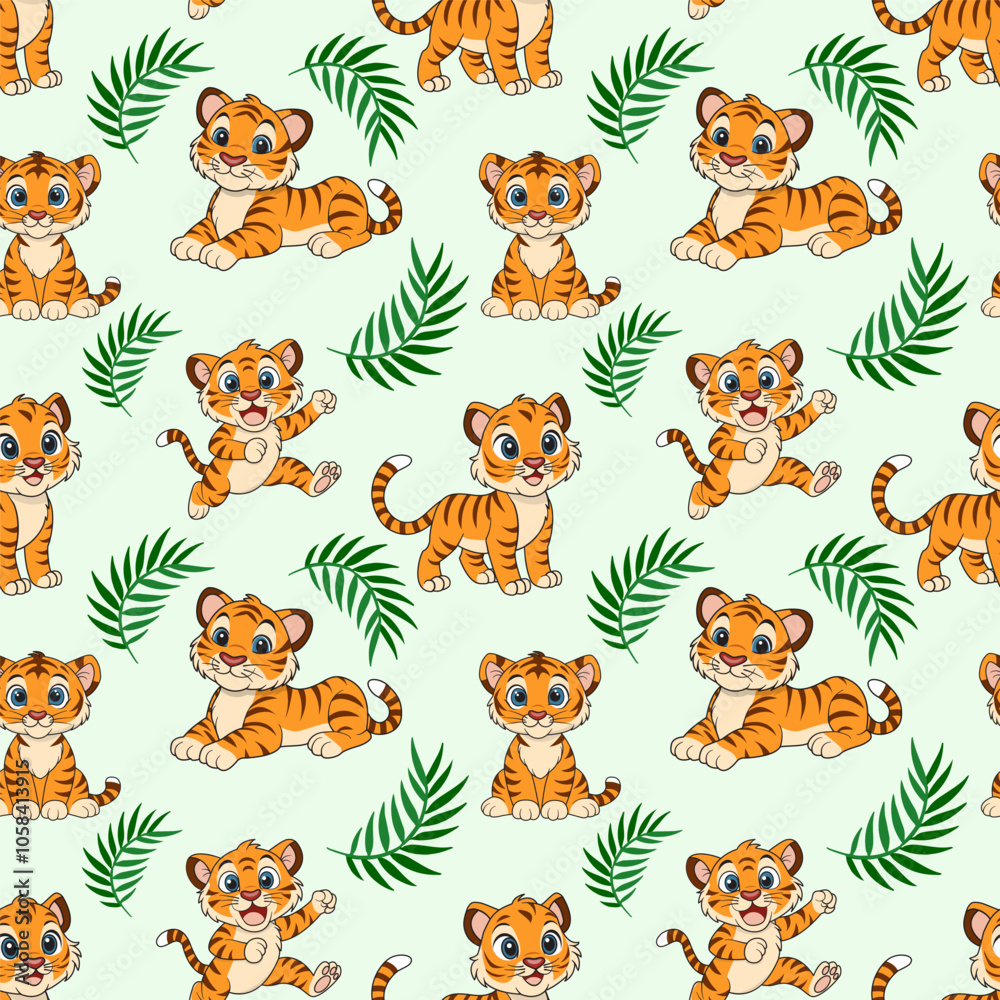 Fototapeta premium Seamless pattern of cute tiger cubs in different poses. Vector illustration.