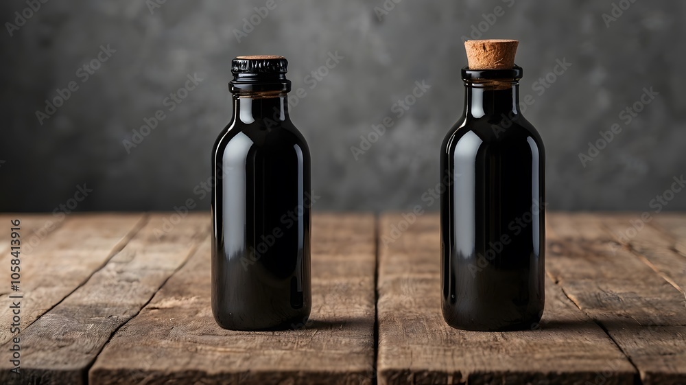 Two black empty glass beverage bottle mockup on grey stone background, liquid container blank object. Elegance & simplicity for packaging, branding & minimalist design Two black empty glass beverage bottle mockup on grey stone background, liquid container blank object. Elegance & simplicity for packaging, branding & minimalist design