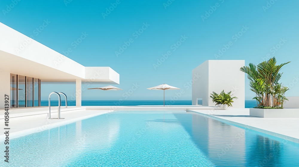 Fototapeta premium Relaxing at a Private Pool by the Beach in a Luxurious Hotel or Vacation Home, Perfect for a Calm and Rejuvenating Getaway