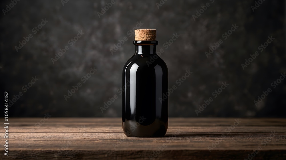 Black empty glass beverage bottle mockup on grey stone background, liquid container blank object. Elegance & simplicity for packaging branding & minimalist design Black empty glass beverage bottle mockup on grey stone background, liquid container blank object. Elegance & simplicity for packaging branding & minimalist design