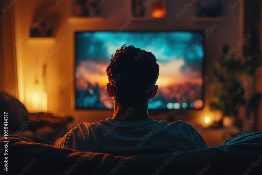 A man sits comfortably on a couch, his back to the camera, watching a movie or show on a large A man sits comfortably on a couch, his back to the camera, watching a movie or show on a large