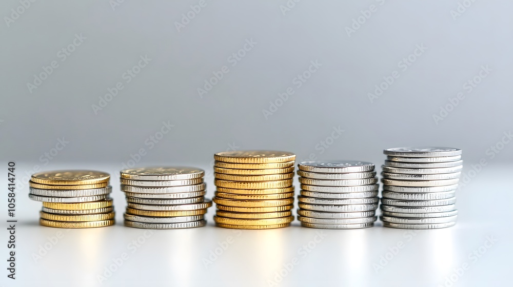 Stacks of gold and silver coins displaying wealth and value Stacks of gold and silver coins displaying wealth and value