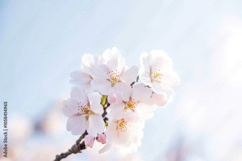 A close-up of delicate pink cherry blossoms against a bright sky. A close-up of delicate pink cherry blossoms against a bright sky.