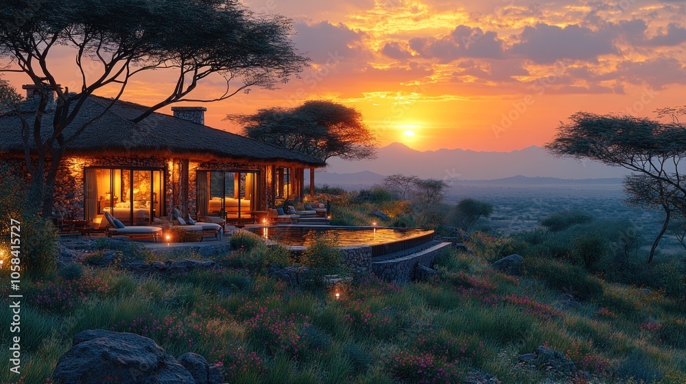 Fototapeta premium Serene sunset view of a modern home amidst lush landscape.