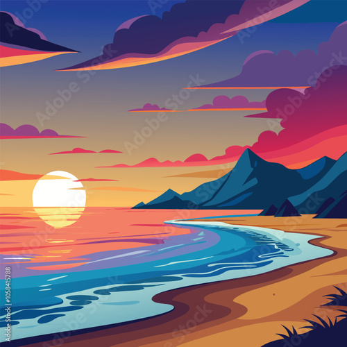 a tranquil beach at sunset waves gently lapping vector