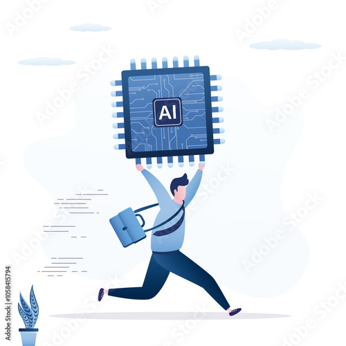 Male user holds and use chip with AI to help and support work. Embrace AI, Artificial Intelligence adoption, innovations, revolution to change business concept.